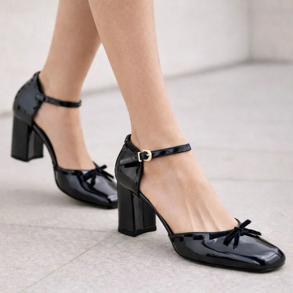 J Crew Maisie Bow Heels Black Patent Leather Mary Jane Block Heel CP058 Womens 7